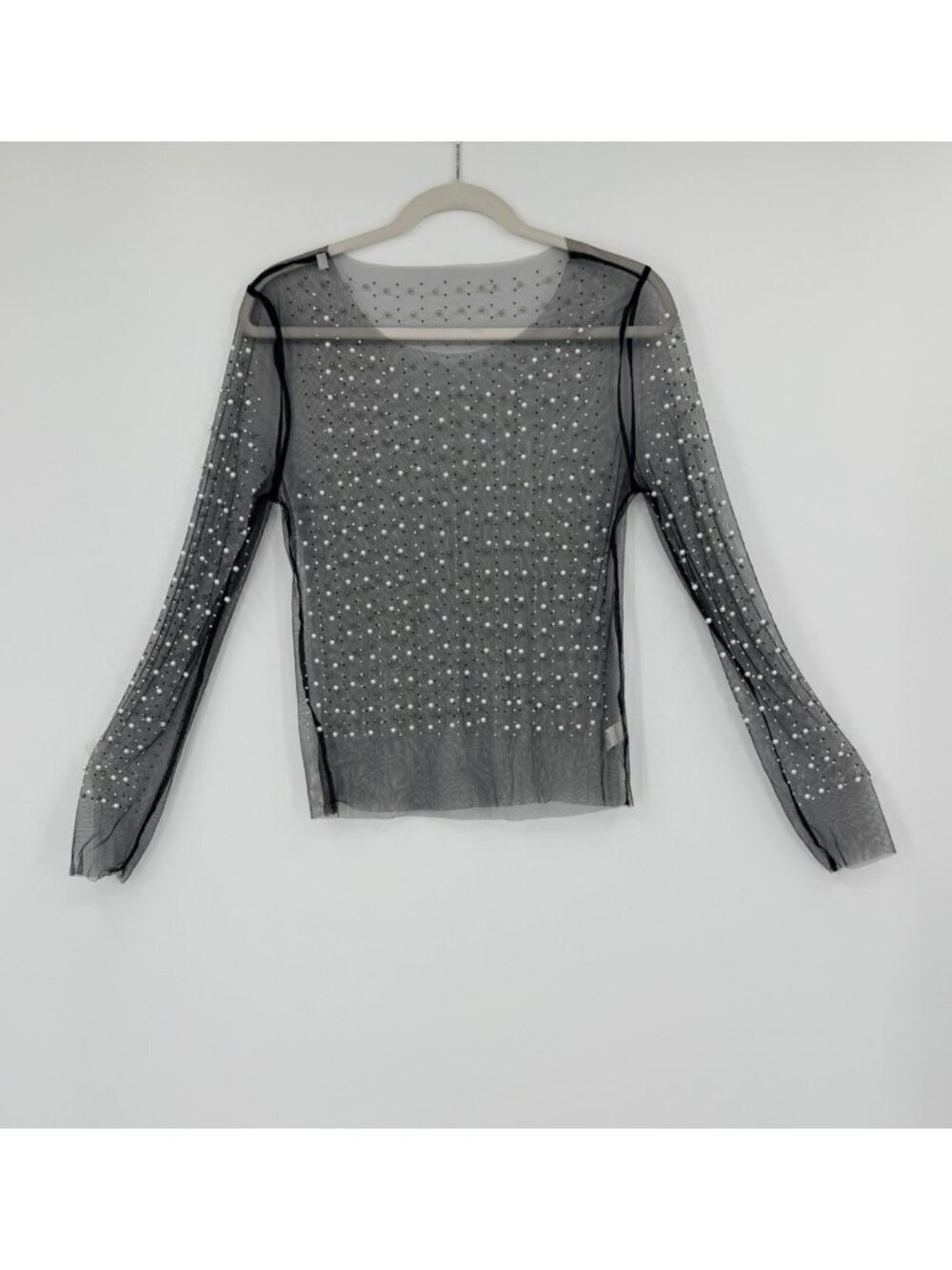 Rhinestone and Pearl Sheer Long Sleeve Mesh Black Top Shirt Size M Whimsygoth